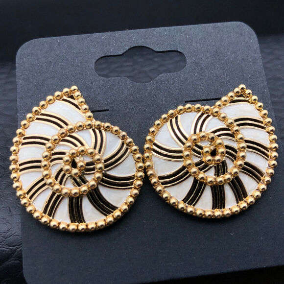 BaubleBar Jewelry - BaubleBar Earrings Nautilus Shell Shape Ivory Black Enamel Inlay Gold Tone Studs